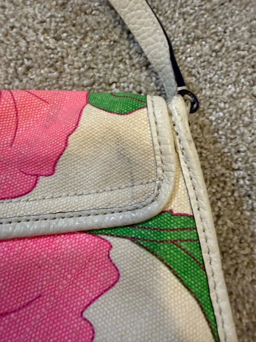 Kate Spade Cream Pink Floral Canvas Woven Leather Crossbody‎ Bag Purse Summer